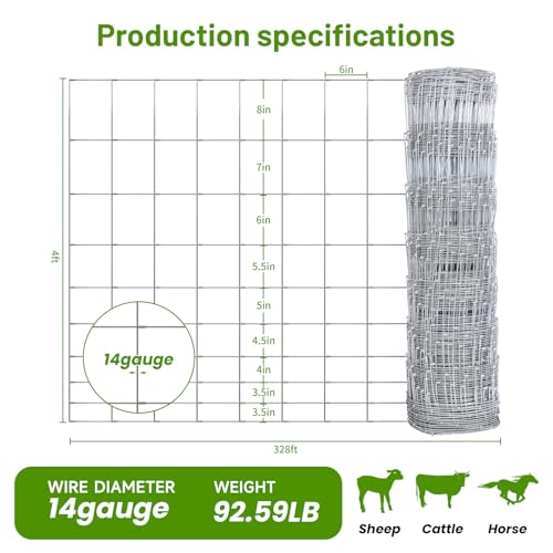 Cattle Panel 4ft x 328ft 14 Gauge Heavy Duty Galvanized Woven Wire Fence | 12 Gauge Border 8in to 3.5in Mesh for Goat Sheep Deer Horse Livestock Fencing Yard Garden Field Agricultural Farm Ranch fence - size: 14ga 4x328ft