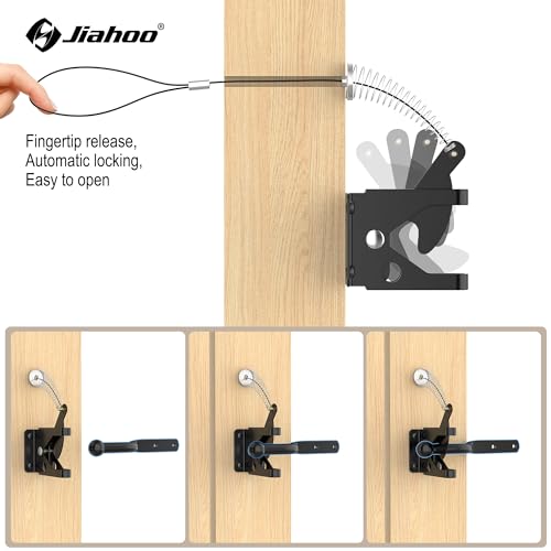 Self Locking Gate Latch with Spring Cable Pull, Automatic Lever Latch | For Wooden Fence, Door Latch Hardware for Outdoor Fence, Secure Pool, Garden, Shed, Cage, Black Finish