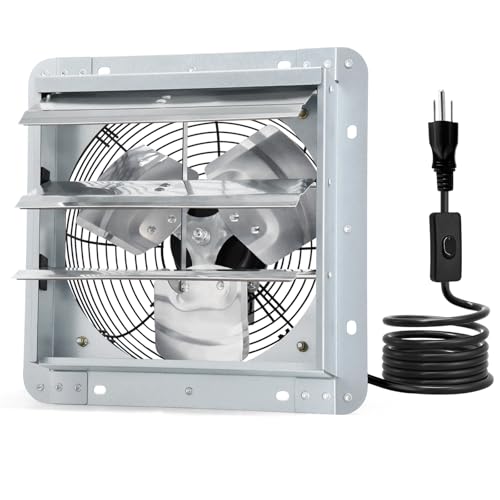 Criditpid 14 Inch Shutter Exhaust Fan, Wall Mounted Vent Fan for Garage, Attic, Greenhouse, Shop, Chicken Coop, 1088 CFM 1450 RPM High-Speed Louvered Exhaust Fan with ON/OFF Switch 1.8M Power Cord Kit