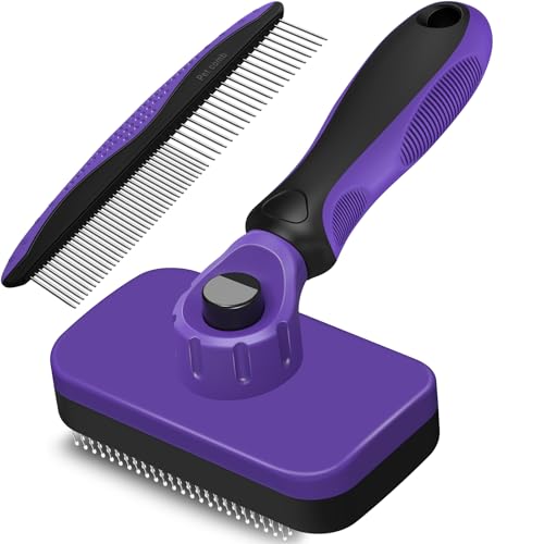 2PCS Self Cleaning Slicker Brush & Dog Comb - Skin Friendly Deshedding Grooming Tool for Dogs, Cats and Small Animals, Professional Deshedding Dematting Tool for Long and Short Haired Pets (Purple) - color: Purple