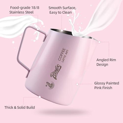 Milk Frothing Pitcher with Sharp Spout & Angled Rim – Precision latte art pitcher for Fine Lines & Intricate Patterns – 18/8 Stainless Steel Milk Steamer Cup for Cappucci