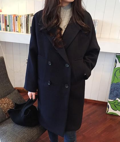 Women's Winter Double Breasted Coats Casual Loose Notch Lapel Wool Blend Pea Coat Warm Long Overcoat - color: Black, size: XX-Large