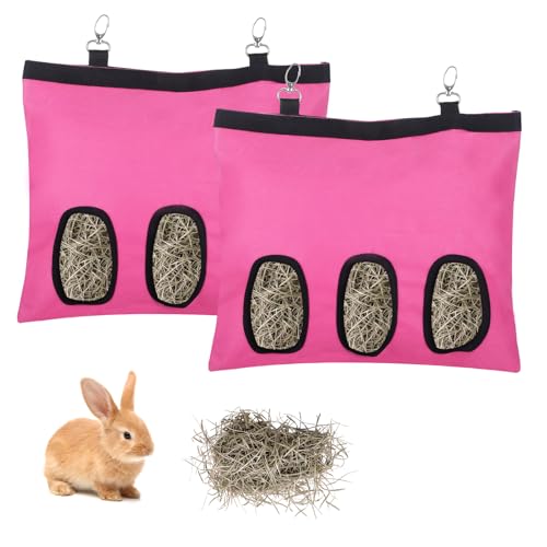2PCS Rabbit Hay Feeder,3 Hole Hay Bag for Rabbits, Washable Hanging Small Animal Feeder for Guinea Pig Bunny Chinchillas Hamsters and Other Pets - color: Pink
