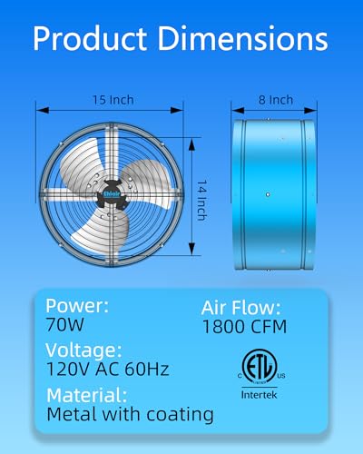 15 Inch Attic Fan with Thermostat and Remote Control | 1800 CFM Gable Vent Fan, Auto On/Off Based on Temperature, 2500 Sq Ft Coverage, 70W, 3 Speeds, 18-Hour Timer, Plug-and-Play