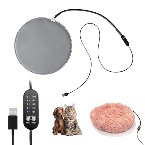 USB Pet Heating Pad – Turns Any Pet Bed Heated (Use Inside Bed), 5V/2A Required, 5-Temp & Timer, 140°F Auto Shut-Off, Waterproof Warmer for Cats/Dogs, Power Bank/Wall Powered (12"x12") - size: 12"x12" Round