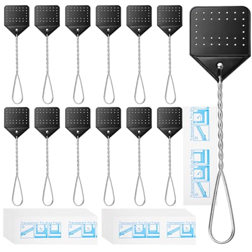 12 Pcs Leather Fly Swatters with 20 Window Sticky Fly Glue Traps, 17'' Heavy Duty Flyswatter with Durable Metal Handle, Disposable Bulk Bug Catcher for Indoor and Outdoor, Home, Kitchen