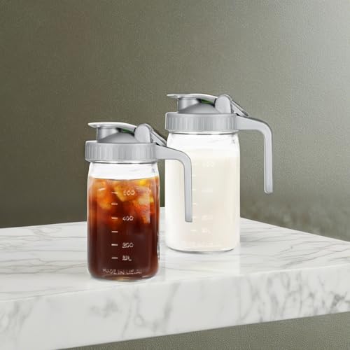 Creamer Pitcher Jar with Lid - 2 Pack No Leak 32oz Airtight Mason Jar with Pour Spout Lid, Classic Wide Mouth Jug Easy to Clean, Ideal for Coffee, Breastmilk, Iced & Sun Tea, Juices - color: Gray, size: 1 Quart