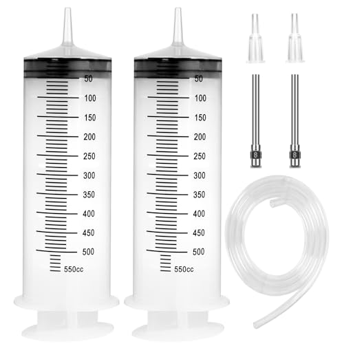 2 Pack 550ml Syringes with 55.1 Inch Tube and Needle 8G 1.5”, Sterile Syringe Individually Packaged for Labs, Liquid Measuring, Feeding Pets,Oil, Glue - style: 550 ml