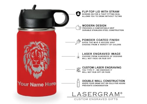 LaserGram Personalized 12oz Water Bottle, Horse (Red) | Engraved Gift, Vacuum Insulated Stainless Steel, Flip-Top Straw Lid, Laser Engraved With Your Name - color: Red, size: 12 Ounces