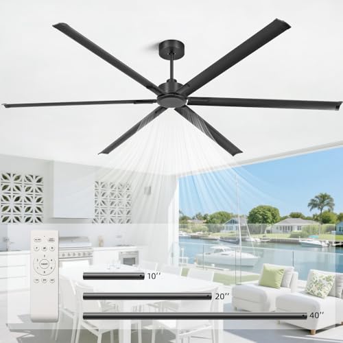 YYEHON 108 Inch Large Industrial Ceiling Fans, HVLS Commercial Black Fan with DC Reversible Motor, 6 Reversible Blades, 3 Downrods, 6-Speed Remote Control, for Shop Gym Garage Warehouse - size: 108 inch