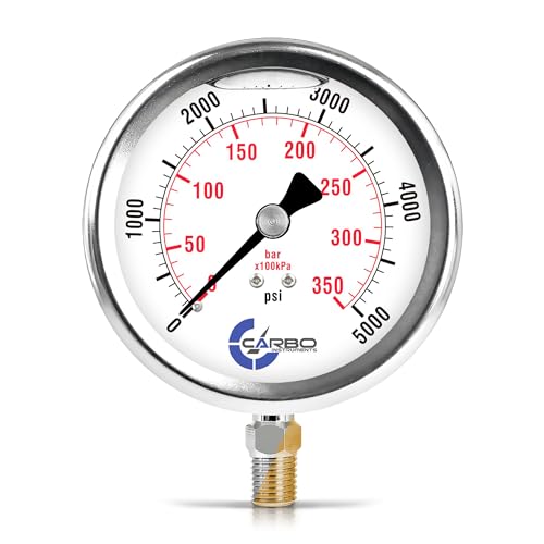 Carbo 5000 PSI Liquid Filled Pressure Gauge with NIST Traceable Certificate, Calibrated in USA Lab, 4" Dial, 1/4 NPT Lower Mount, ASME Grade A, 304 SS Case, Brass Wetted Parts, PSI/Bar - size: 0-5000 Psi, style: NIST TRACEABLE