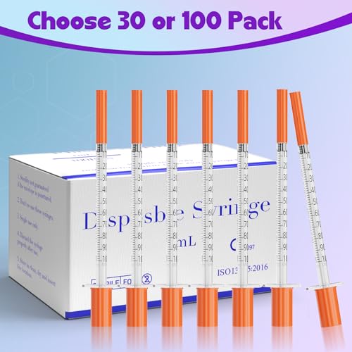 1ml Syringes 27G 1/2" 13mm Needle U-100 Disposable Lab Syringe, 30 Pack - size: 27G 1cc 1/2" (13mm)