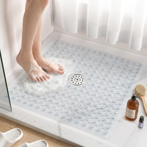 HITSLAM Non Slip Shower Mat, Square Bathtub Mat, 24x24 Inch, Clear | Diamond Textured PVC Bath Mat With Suction Cups, Shower Stall Mat with Center Drain Hole, Strong Grip, Machine Washable - color: Clear
