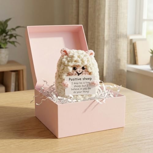 Handmade Crochet Sheep Figurine Desk Decor Encouragement Gift Her | Sheep Holds Positive Message Card In Hands. Soft Acrylic Yarn. Birthday Going Away Surprise
