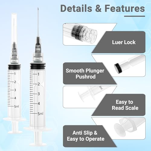 100 Pack 5ml 22Ga 1.25 Inch Industrial Syringes, Plastic Disposable Syringe for Scientific Labs, Liquids Refilling and Measuring - style: 5ml-22G 1.25"