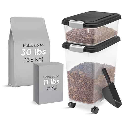 IRIS USA Dog Food Storage Container 30 lb + 11lb Airtight Combo, Stackable Pet Food Storage Bin with Wheels for Cat Dog Food, BPA Free, Made in USA, Black | Stackable Pet Food Plastic Storage Bins with Wheels for Cat and Dog Food, Made in USA - color: Bla