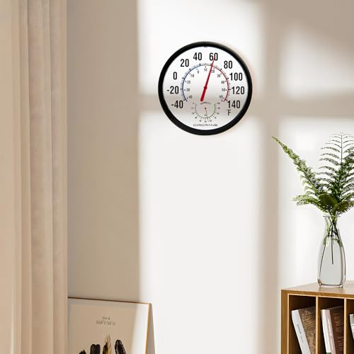 Circrane 13.25 Inch Round Thermometer with Hygrometer, Large Indoor Wall Patio Bimetal Weather Thermometer, No Battery Required, Black - color: Black