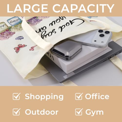 Cute Canvas Tote Bag for Women, Book Totebag with Zipper Pocket - color: Inspirational Floral Language