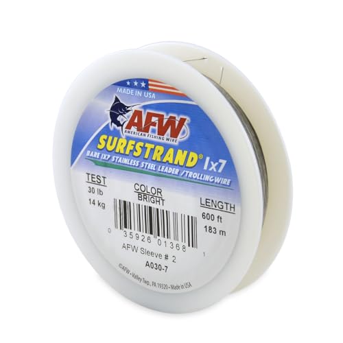 American Fishing Wire Surfstrand Bare 1x7 Stainless Steel Leader Wire - Fishing Leader Line for Saltwater, 20lb Test - 325lb Test in Bright, Camo in 30ft, 300ft, 600ft and 1,000ft Lengths - color: Bright, size: 30 lb / 600 ft