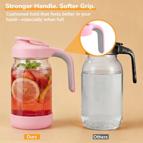 32 oz (1 Qt) Glass Mason Jar Pitcher with Pour Spout Lid & Handle | Airtight Leak-Resistant Flip-Top, Wide Mouth for Ice & Fruit, Non-Slip Silicone Base, Measuring Marks, Fridge Water/Iced Tea - color: Gray, size: 32 Ounces