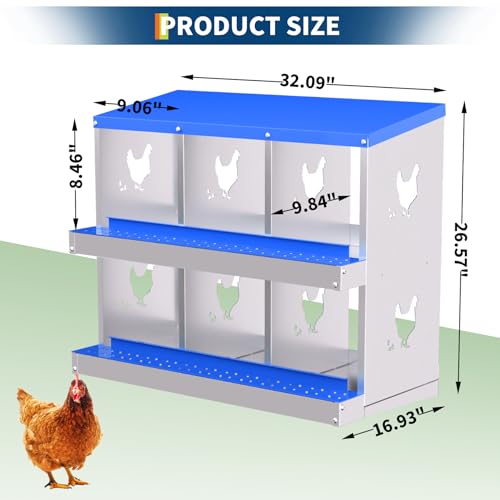 Chicken Nesting Box, 6 Compartment Galvanized Steel Chicken Laying Boxes, Heavy Duty Rustproof Chicken Coop with Easy Egg Collection for Backyard Farms - Wall Mountable, Blue