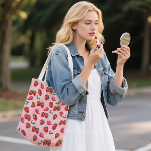 Aesthetic Canvas Tote Bag for Women - with Magnetic Snap Closure & Zipper Inner Pocket Reusable Totes Bag - color: Strawberry3