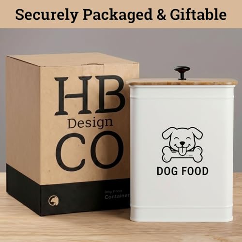 Metal Dog Food Container 5-7lb, 25 Cup w/ Airtight Bamboo Lid, Metal Handle | Pet Jar For Dogs up to 50lbs, Airtight Bamboo Lid, Sturdy Comfortable Metal Handle, Powder Coated Iron, Kibble Storage Bin - color: White: Dog Face