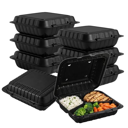 Front Lock MFPP Hinged Food Containers, 9" x 9" Black Vented Clamshell – 3 Compartment Disposable Takeout Boxes, Durable Microwaveable Containers for Restaurants & Food Service – 150 Pack - color: Black