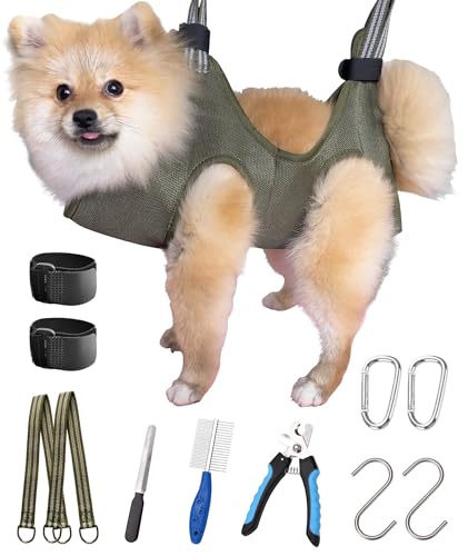 10 in 1 Dog Pet Grooming Hammock Harness with Nail Clippers/Trimmer,Dog Nail Hammock, Grooming Sling for Nail Clipping Hanging Harness Restraint for Claw Care - color: Khaki Green, size: XS/Under 12 lb