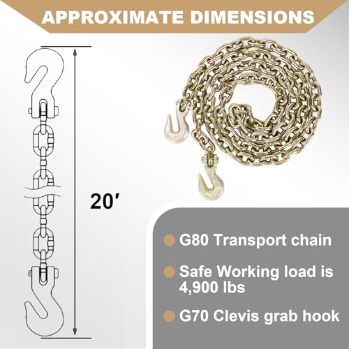 AAIN Transport Binder Chain 2Pack, 5/16'' G80 Heavy Duty Tow Chain Tie Down | WLL 4,900 LBS | G80 Transport Binder Chain | 20 FT High Strength Chain | Logging Tie Down Binding Equipment - size: 5/16 Inch - 20 FT, style: 2 Pack