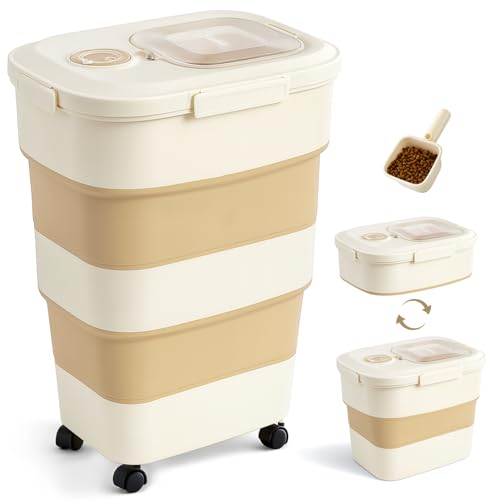 ZOMISIA 40-50lbs Dog Food Storage Container, Large Capacity Collapsible Airtight Pet Food Storage Containers with Rolling Wheels, Transparent Lid, Scoop and Date Track, Khaki - color: Khaki