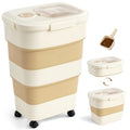 ZOMISIA 40-50lbs Dog Food Storage Container, Large Capacity Collapsible Airtight Pet Food Storage Containers with Rolling Wheels, Transparent Lid, Scoop and Date Track, Khaki - color: Khaki
