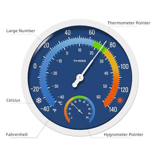 10-Inch Indoor Outdoor Thermometer Hygrometer, Battery-Free, Blue | Dual analog dials, large easy-to-read numbers, monitors temperature and humidity for patio, nursery, storage, or home - color: Blue