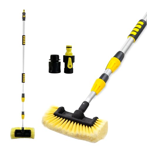 Car Wash Brush with Long Handle, 20FT Reach Telescopic Flow-Thru Car Washing Brushes, 11.8" Soft Bristle Cleaning Brush with On/Off Switch for Auto Cars, Trucks, RV, Truck, Boat, Wall, Solar Panels