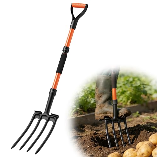Garden Fork for Digging, 4-Tine Pitch Fork with Foot Step, Ergonomic Y-Handle & Comfortable Grip, Lightweight Durable Pitchfork for Soil Loosening, Compost, Mulch, Weeding & Potato Harvest - 43 Inches - size: 43-inchs