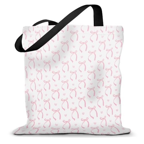 Canvas Tote Bag for Women，Cute Heavy-Duty Shoulder Bag with Zipper Pocket -Travel Tote for Grocery, Gym,Shopping - color: Cute Pink Bows