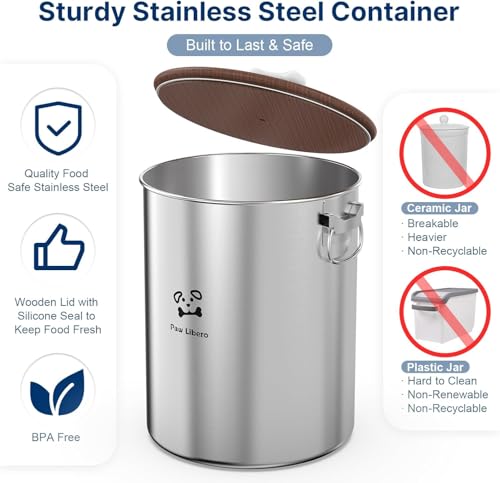 Paw Libero 2PK 25 Lbs total 50 Lbs Stainless Steel Dog Food Storage Container with Airtight Wooden Lid & Ceramic Bone Handle, Large Metal Dog Food Bin for Dogs & Cats - size: 25 lbs - 2pk