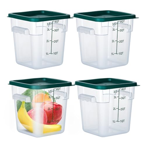 4 Pack 4 Qt Square Polycarbonate Food Storage Containers with Lids | Clear BPA-free PC with lids, side handles, measurement scale and stackable design; for food prep, storage and freezer use. - color: 4Qt