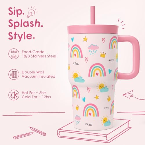 SANDJEST Rainbow Stainless Steel Tumbler 20oz with Handle and Silicone Straw Locking Lid for Kids Girls, Birthday Christmas Back to School - color: Rainbow