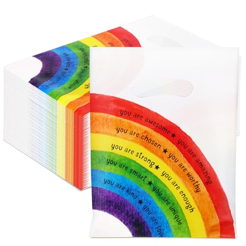 Coume 100 Pcs Back to School Gifts Bags Rainbow Inspiration Quotes Treat Bags with Handles Small Plastic Goodie Snack Bag for Students Teachers Kids Birthday Party Favors, 6" x 8" - style: Rainbow Style
