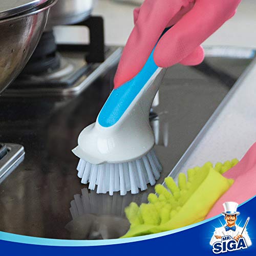MR.SIGA Pot and Pan Cleaning Brush, Dish Brush for Kitchen, Blue, Pack of 2 | Dish brush with non slip handle and built in scraper - color: Blue & White