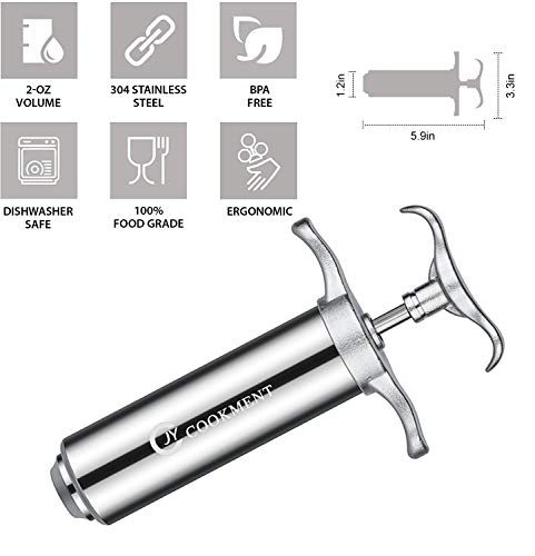 Meat Injector Syringe 2-oz Marinade Flavor Barrel 304 Stainless Steel with 3 Professional Needles 2 Cleaning Brushes and 4 Silicone O-Rings
