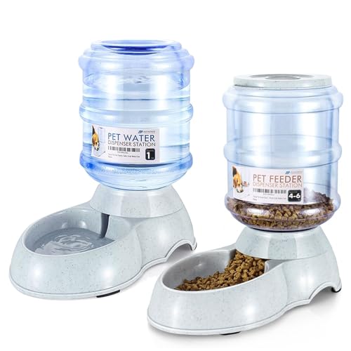 Flexzion Automatic Pet Feeder & Waterer Set of 2 Pack, Self Feeding Replenish Dog Cat Bowls, Gravity Food & Water Storage Container Fountain Jug Pet Supplies Plastic Skid Proof Rubber Feet (1 Gallon) | Self-Replenishing Dry Food Station with Non-Skid Feet