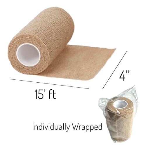 4" x 5 yrd Beige Self Adhesive Flexible Bandage Wrap Stretch Roll Tape Wrist Ankle Hand Leg Medical Grade Sports Compression Lymphedema Individually Wrapped Sprains Support First Aid Pets Cat Dog