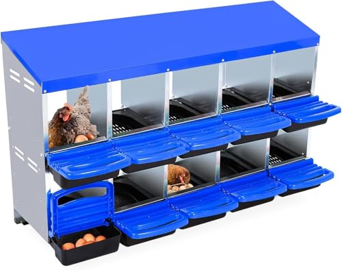 Chicken Nesting Box,10 Hole 2 Layer Hen Nest Boxes, Roll-Away Egg Collection System with Ventilation Holes，Rustproof Plastic Tray & Keyhole Mounting, Chicken Laying Box - color: Blue, size: 10 holes