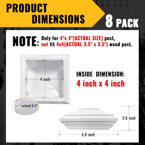 VIVIDA 4" Vinyl Fence Post Caps 8 PCS, White New England PVC Post Caps | Actual 4" x 4", New England Pyramid Post Cap, Plastic Square Top Cover, For Vinyl Fences, Mailboxes & Decks - color: White-8 Pack, size: Actual 4" x 4"