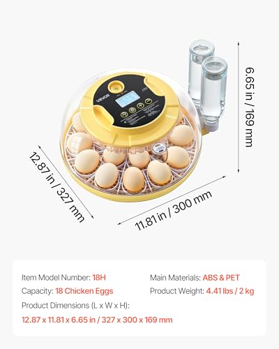 VEVOR 18 Egg Incubator, Automatic Egg Turner with LED Candler, Temperature & Humidity Control, 360° View Clear Window, Auto Water Refill, Poultry Eggs Incubators for Hatching Chicks Ducks Goose Quail | for Hatching Chicks Ducks Goose Quail, LED Candler, T