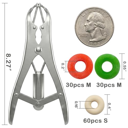 Goat Banding Kit, Livestock Castration Bander with Stainless Steel Expander Pliers, 120Pcs 2 Sizes Castrator Rings and Ring Installation Tool for Goats, Lambs, Calves, Sheep, Piglets - style: Pliers，60-S, 60-M