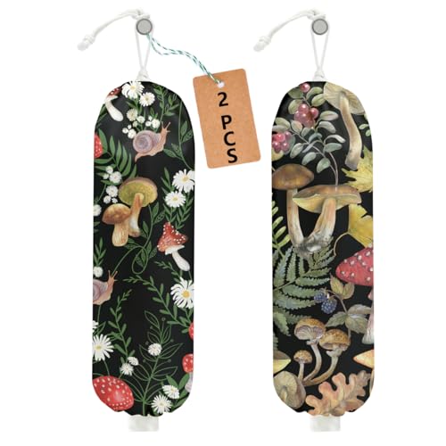 2Pcs Mushroom Plastic Bag Holder, Wall Mount Grocery Bag Holder | Summer Leaves Plastic Bag Holder, Reusable Grocery Bag Storage Dispenser, Farmhouse Kitchen Home Decor - color: Mushroom 02