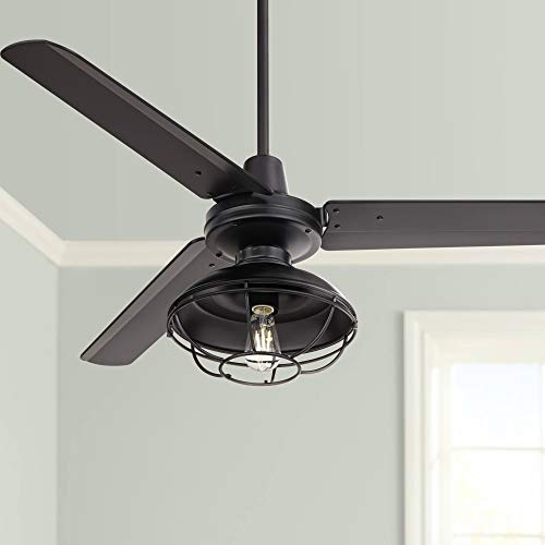 52" Plaza Matte Black Cage Damp Outdoor Ceiling Fan with Light Remote | Industrial Modern 3 Blade Style Rated for Patio Exterior House Porch Gazebo Garage Barn